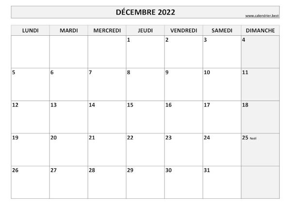 Calendrier Décembre 2022 à imprimer avec jours fériés.