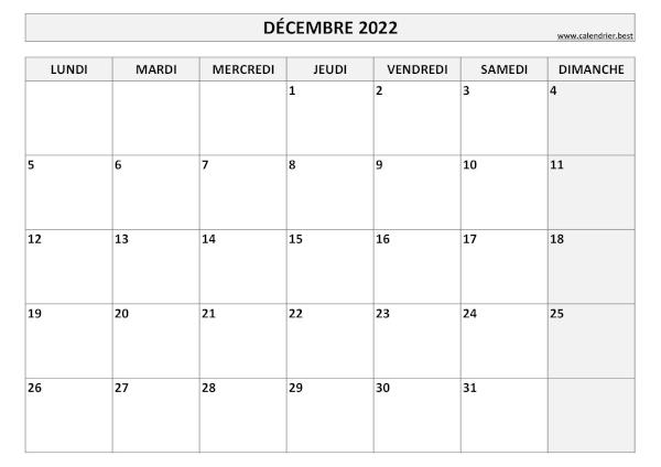 Calendrier Décembre 2022 à imprimer.