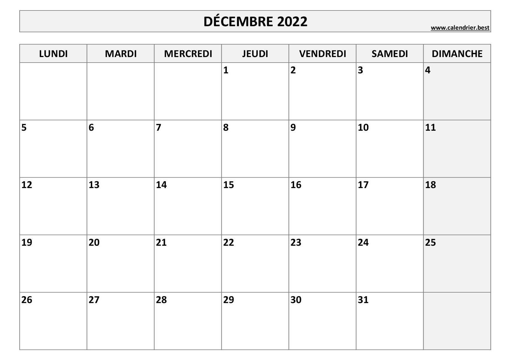 Calendrier 2022 mensuel à imprimer