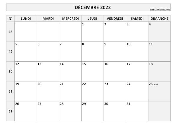 Calendrier Décembre 2022 avec semaines.