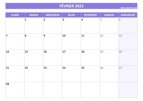 Calendrier février 2022 vierge à imprimer.