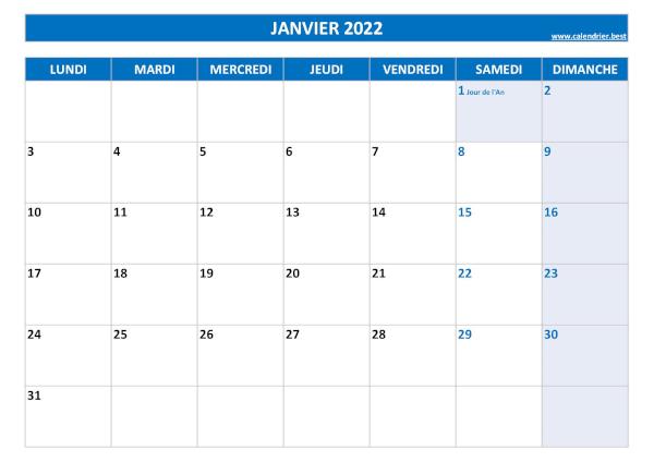 Calendrier janvier 2022 à imprimer avec jours fériés.