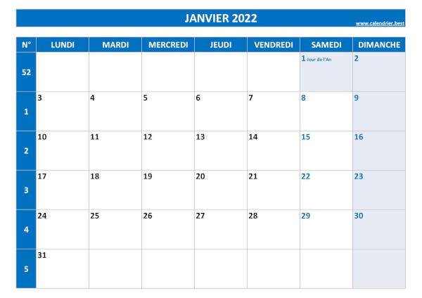 Calendrier janvier 2022 avec semaines.