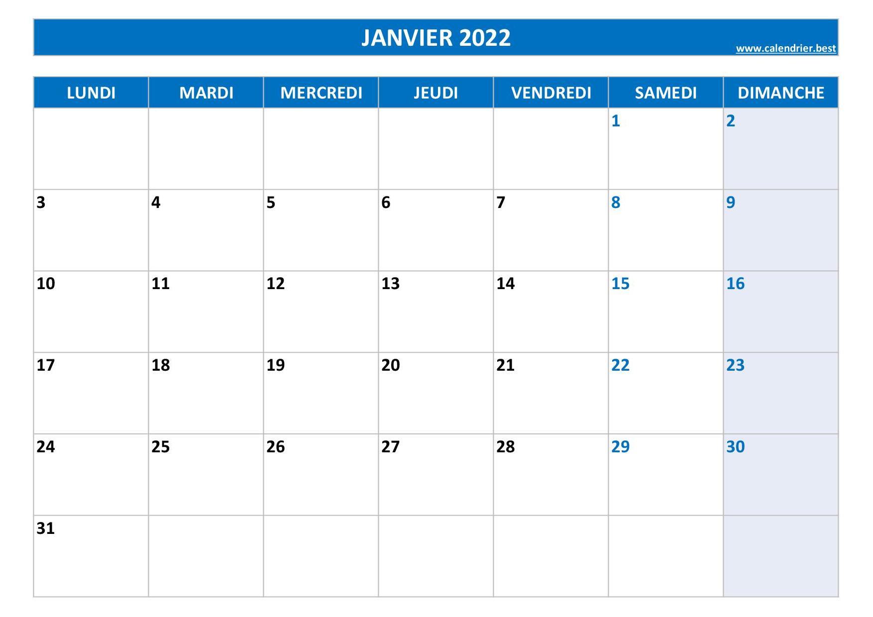 Calendrier Janvier 2022 à consulter ou imprimer -Calendrier.best