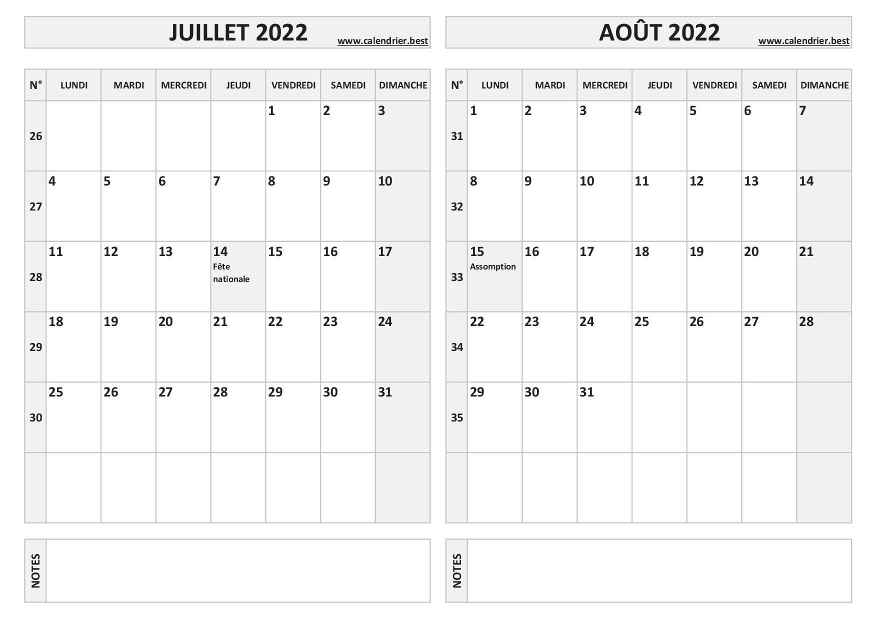 Calendrier juillet et août 2022 à imprimer -Calendrier.best