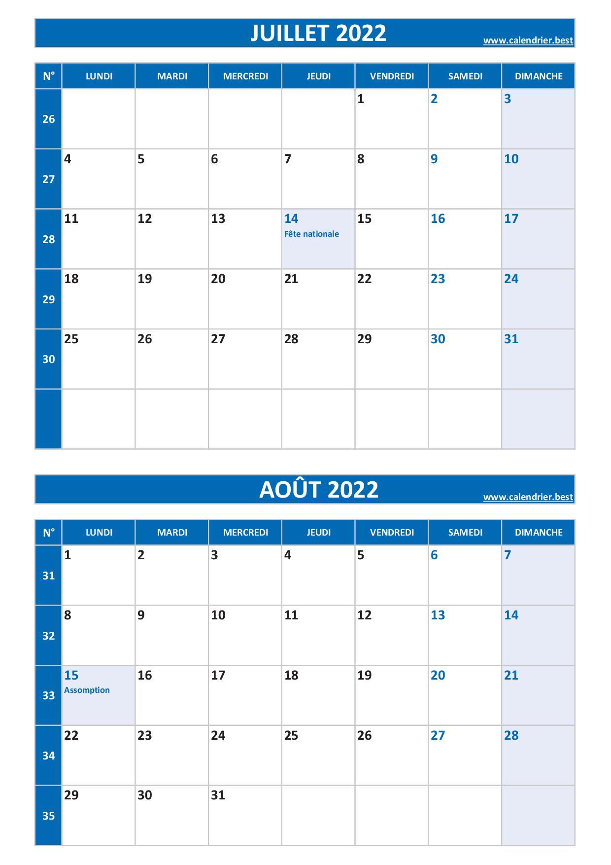 Calendrier juillet et août 2022 à imprimer -Calendrier.best