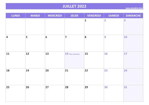 Calendrier Juillet 2022 à imprimer avec jours fériés.