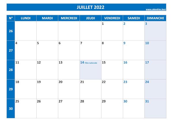 Calendrier juillet 2022 avec semaines.