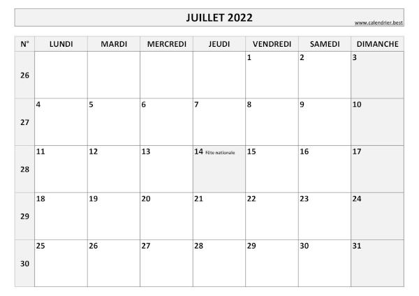 Calendrier Juillet 2022 avec semaines.