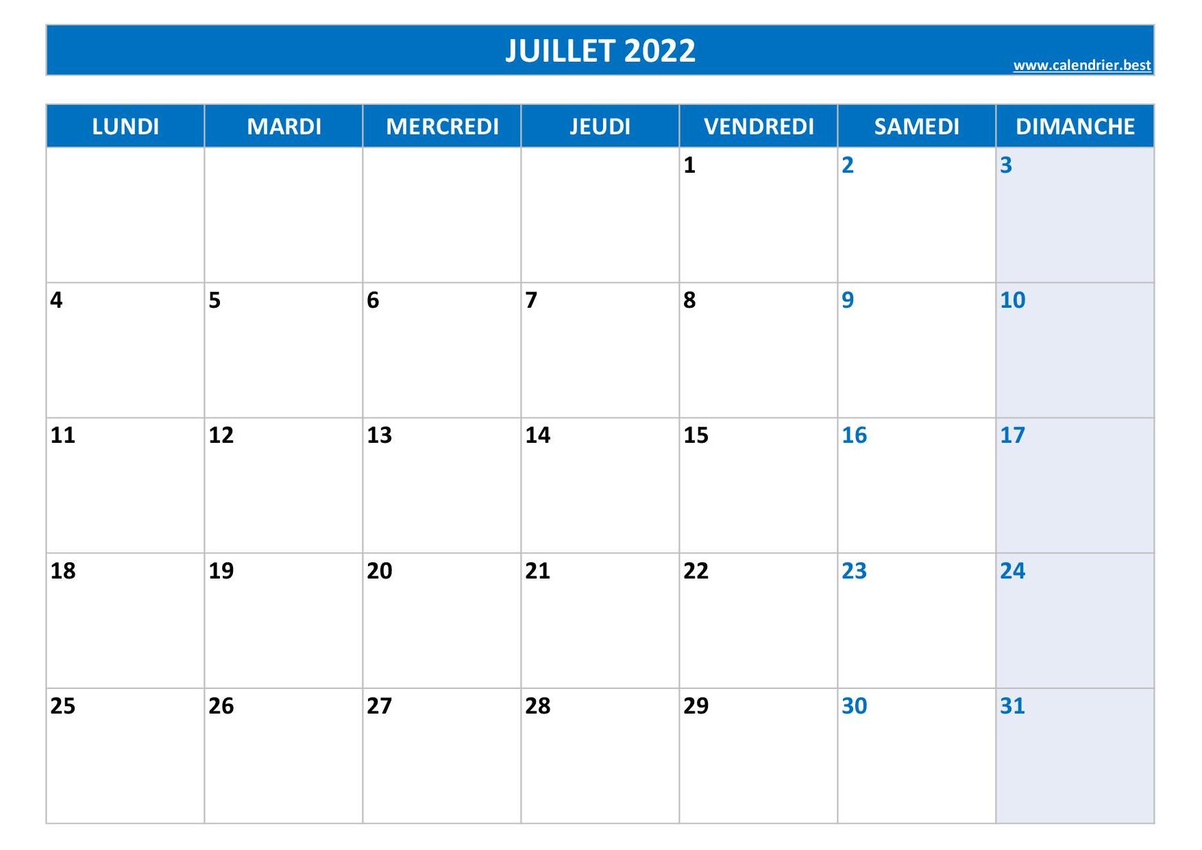 Calendrier Juillet 2022 à consulter ou imprimer -Calendrier.best