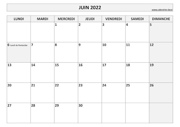 Calendrier Juin 2022 à imprimer avec jours fériés.