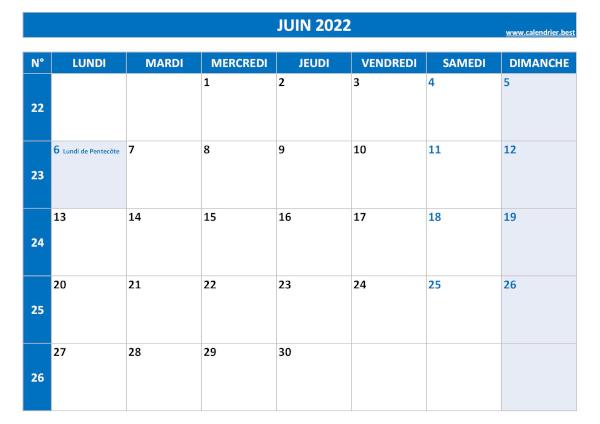 Calendrier juin 2022 avec semaines.