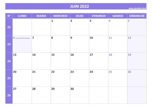 Calendrier Juin 2022 avec semaines.