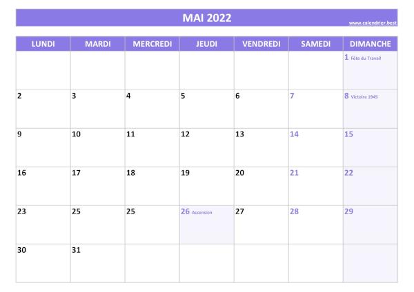 Calendrier Mai 2022 à imprimer avec jours fériés.