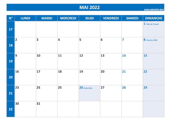 Calendrier Mai 2022 à consulter ou imprimer -Calendrier.best