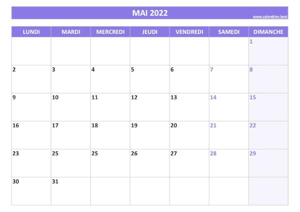 Calendrier Mai 2022 à imprimer.