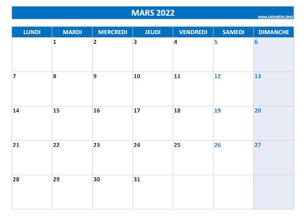 Calendrier mars 2022 à imprimer.