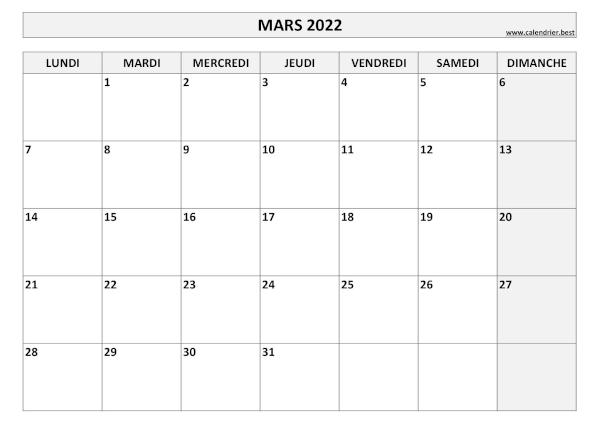 Calendrier Mars 2022 à consulter ou imprimer -Calendrier.best