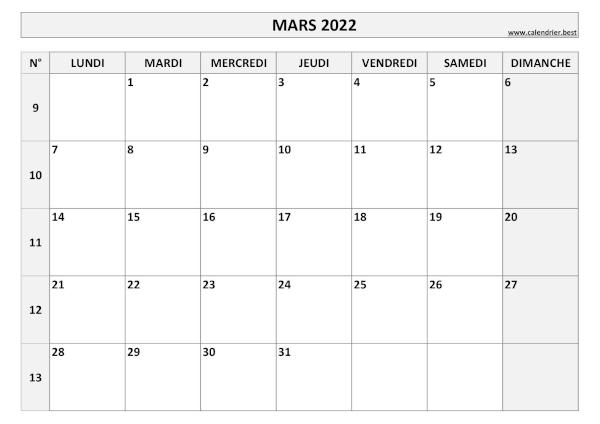 Calendrier mars 2022 avec semaines.