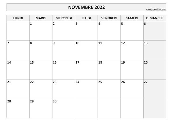 Calendrier Novembre 2022 à imprimer.