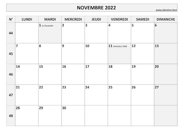 Calendrier Novembre 2022 avec semaines.