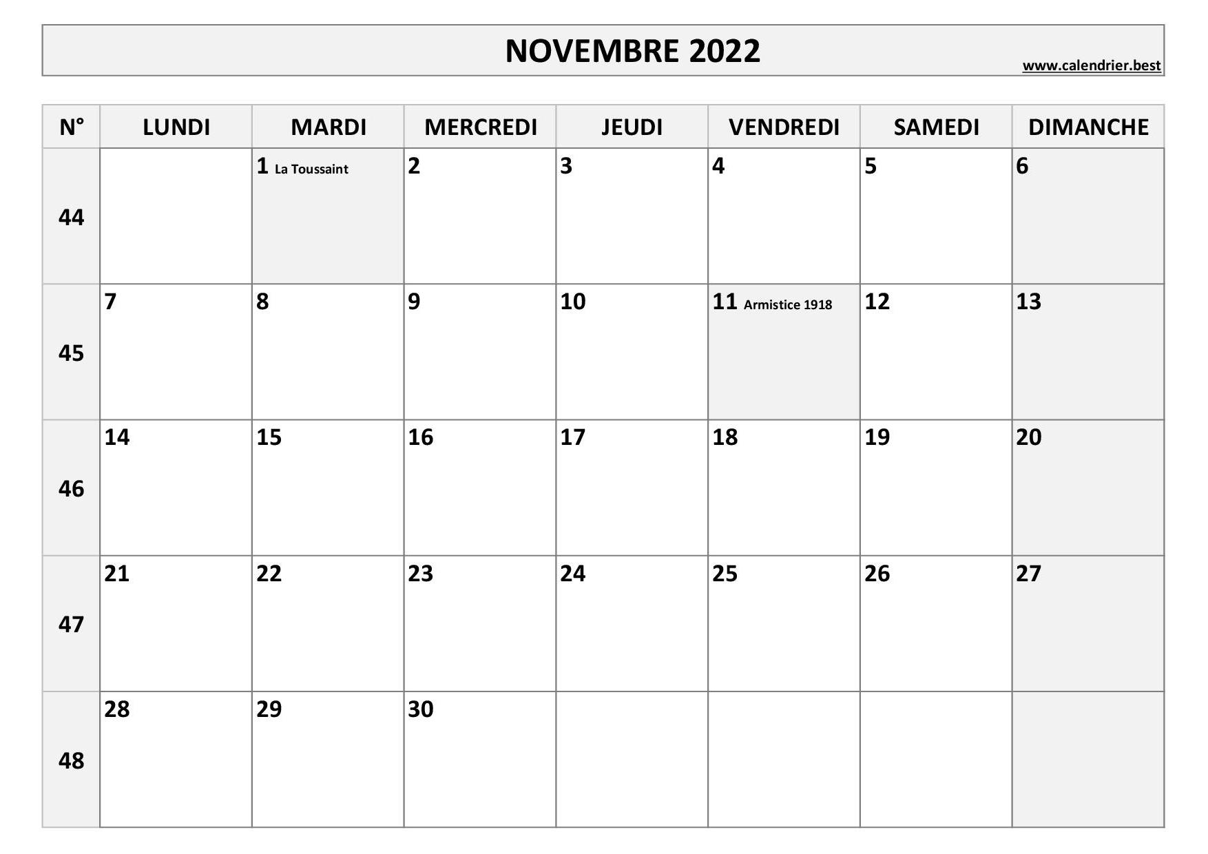 Calendrier Novembre 2022 à consulter ou imprimer -Calendrier.best