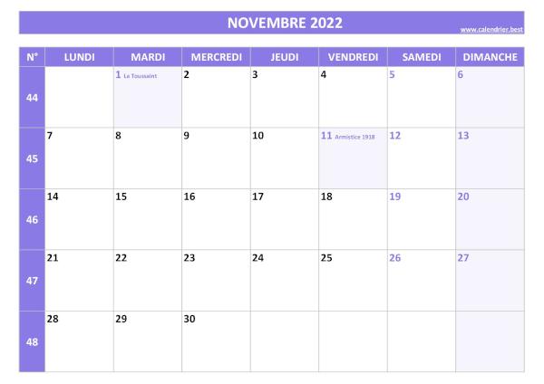 Calendrier Novembre 2022 avec semaines.