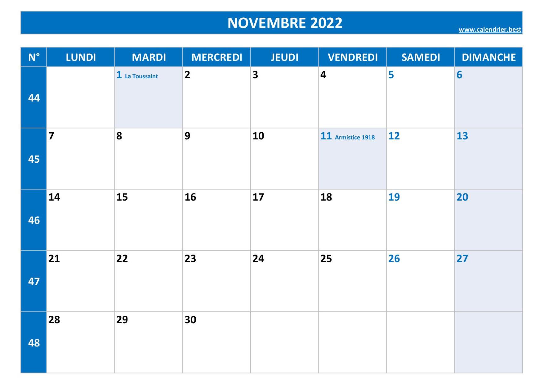 Semaine 45 2022 : dates, calendrier et planning hebdomadaire à imprimer