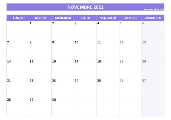 Calendrier Novembre 2022 à imprimer.