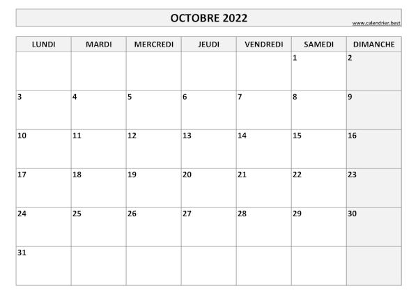 Calendrier Octobre 2022 à imprimer.