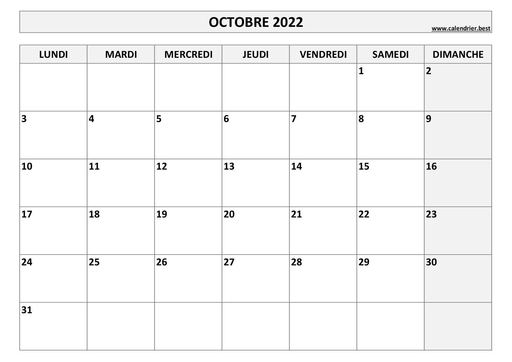 Calendrier Octobre 2022 à consulter ou imprimer -Calendrier.best
