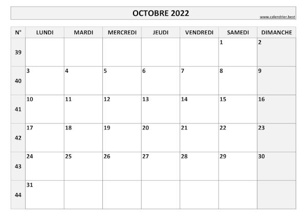 Calendrier Octobre 2022 avec semaines.