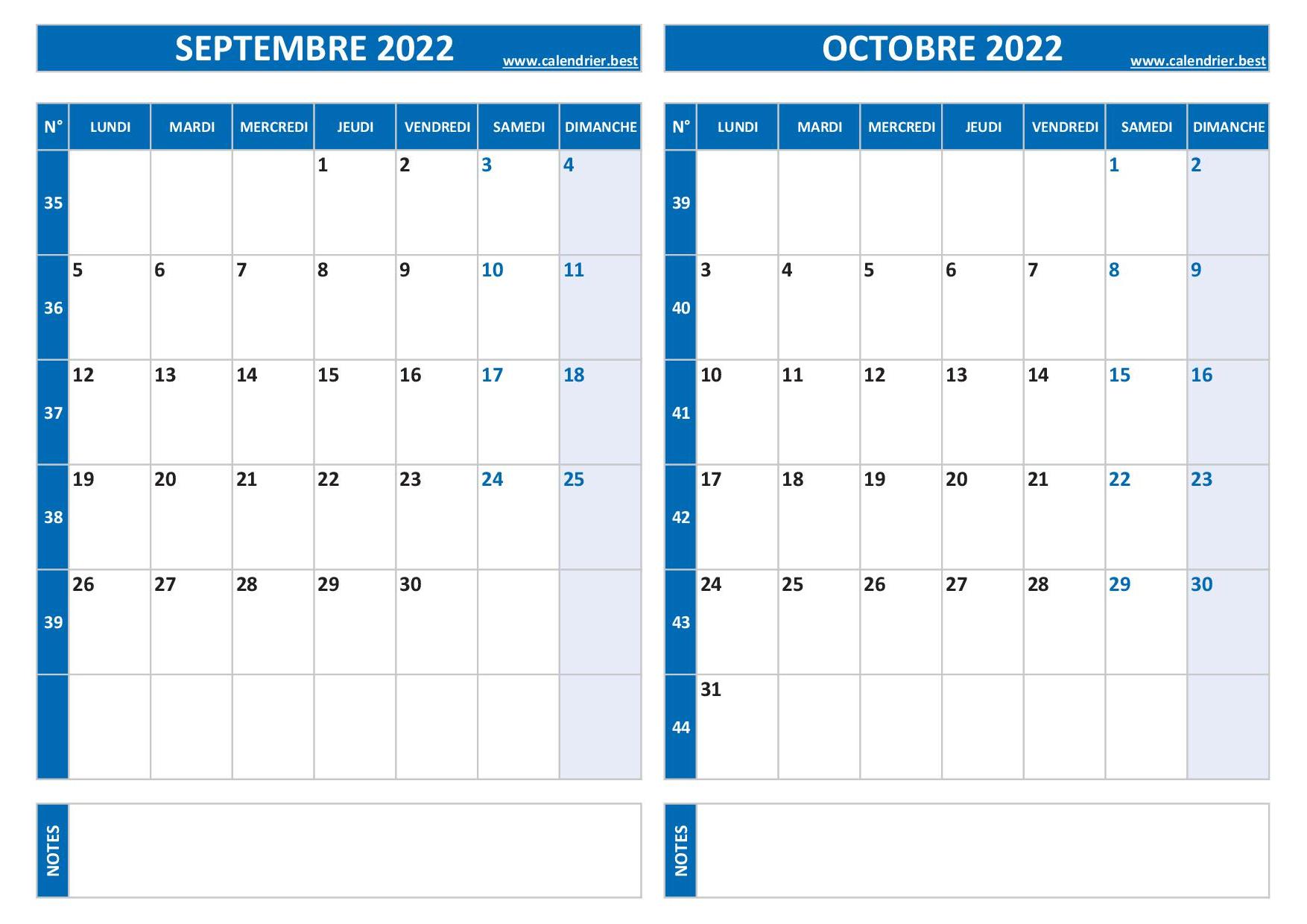 Calendrier septembre et octobre 2022 à imprimer -Calendrier.best
