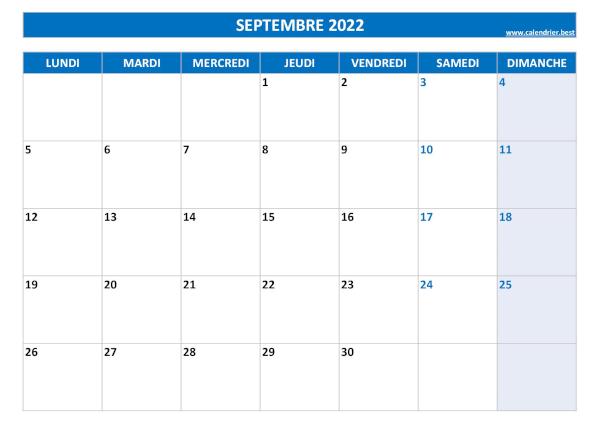 Calendrier Septembre 2022 à imprimer.