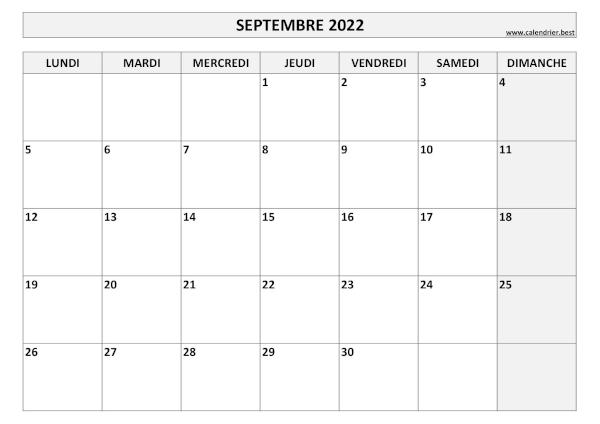 Calendrie septembre 2022 vierge à imprimer.