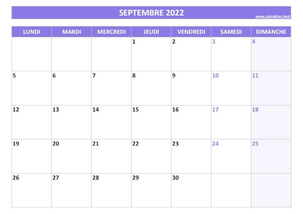 Calendrier Septembre 2022 à imprimer.