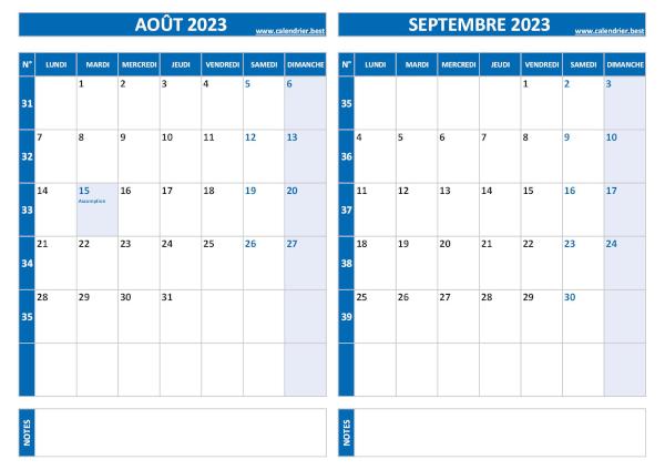 Calendrier août septembre 2023.