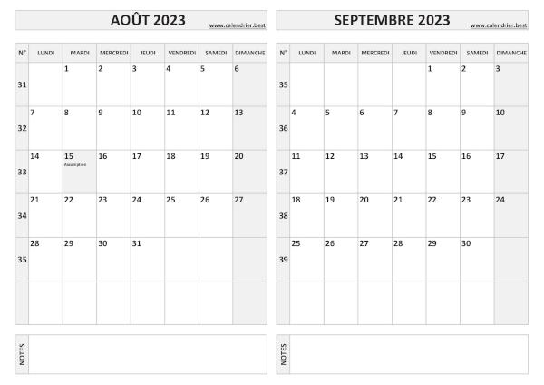 Calendrier Mensuel Août 2023