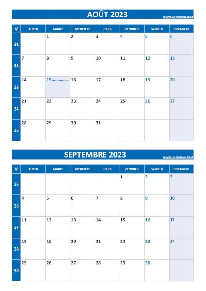 Calendrier août septembre 2023, portrait, bleu.