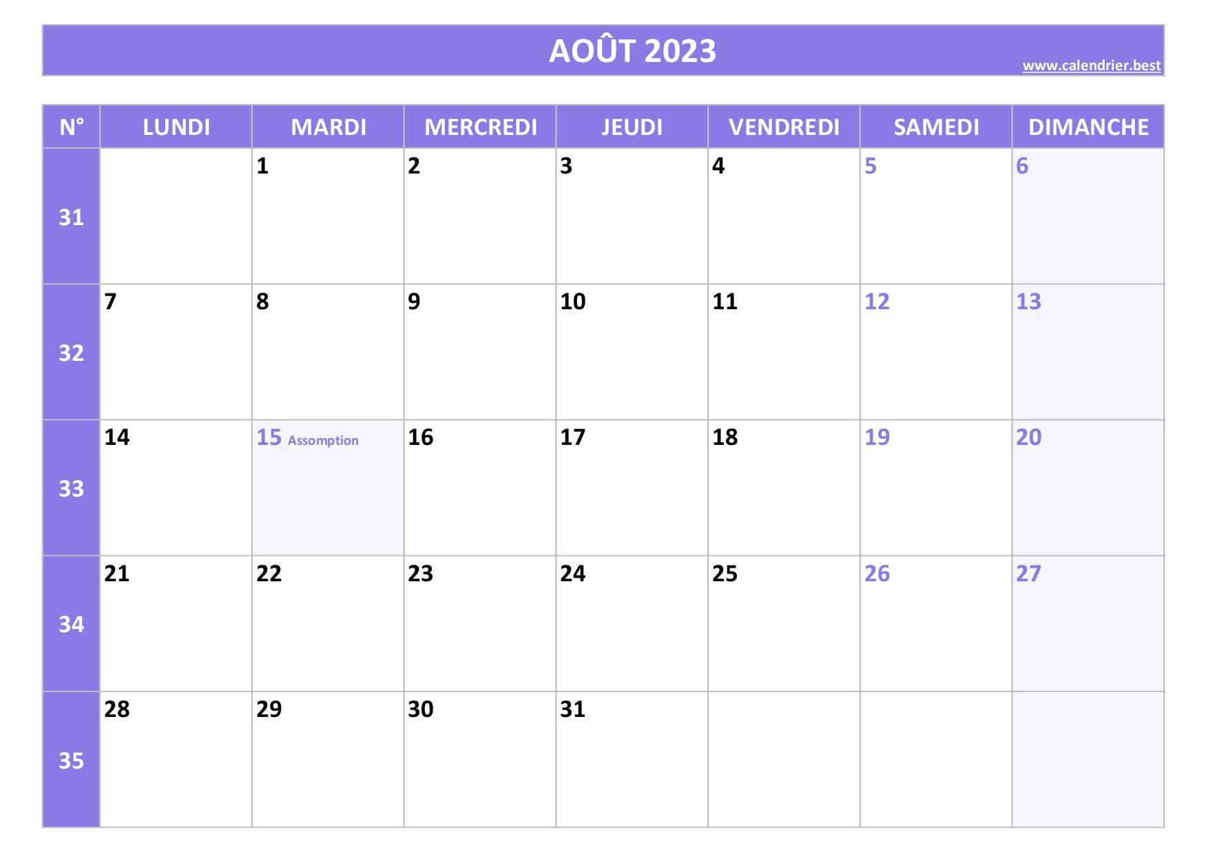 Calendrier 2023 mensuel à imprimer