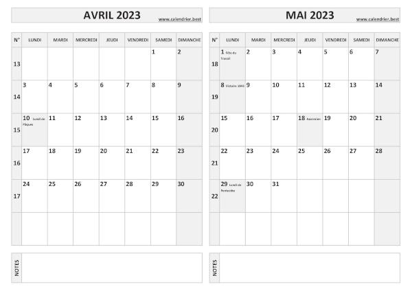 Calendrier avril mai 2023.