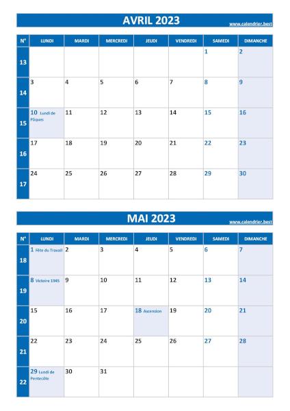 Calendrier avril mai 2023, portrait, bleu.