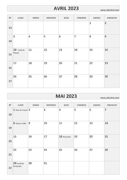 Calendrier avril mai 2023, portrait, gris.