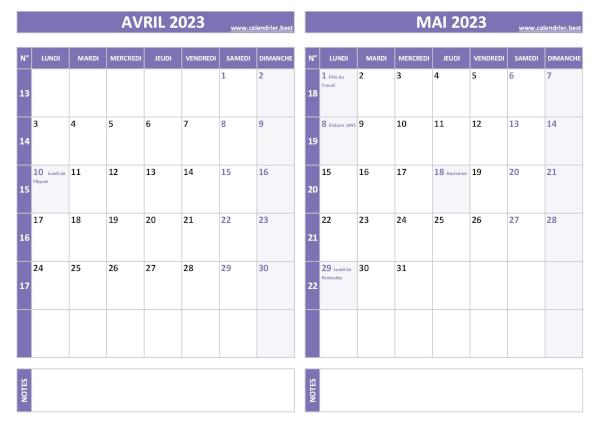 Calendrier avril mai 2023.