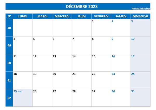 Calendrier décembre 2023 avec numéros de semaine et jours fériés.