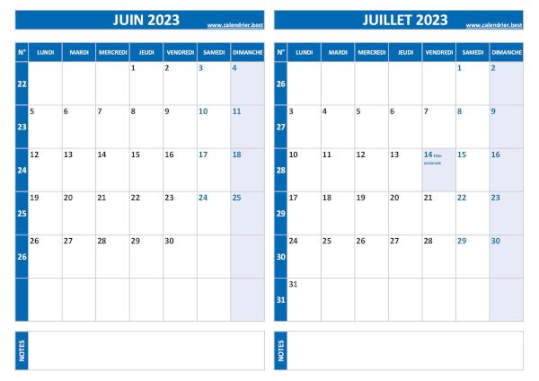 Calendrier juin juillet 2023.