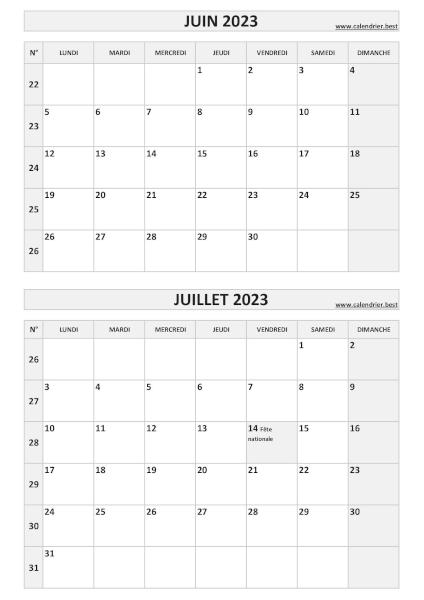 Calendrier juin juillet 2023, portrait, gris.