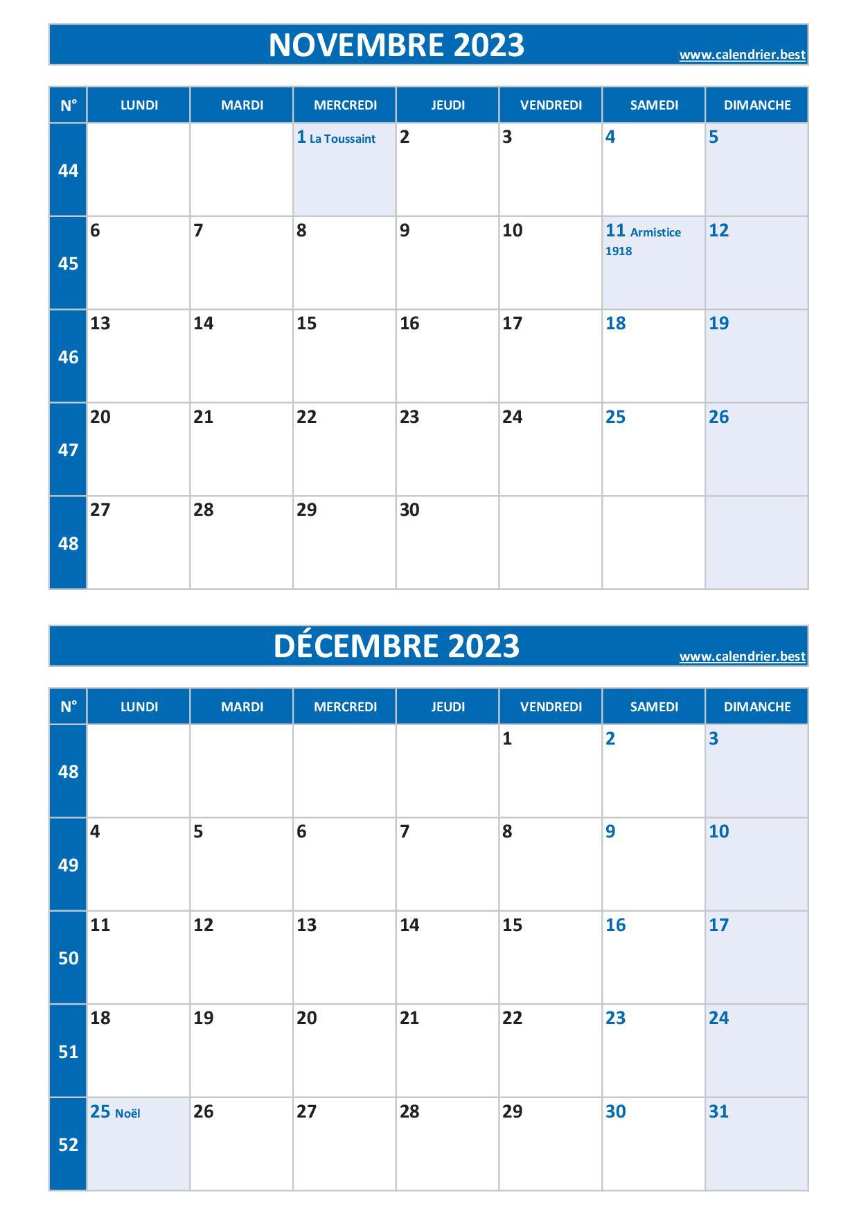 Calendrier novembre et décembre 2023 à imprimer -Calendrier.best