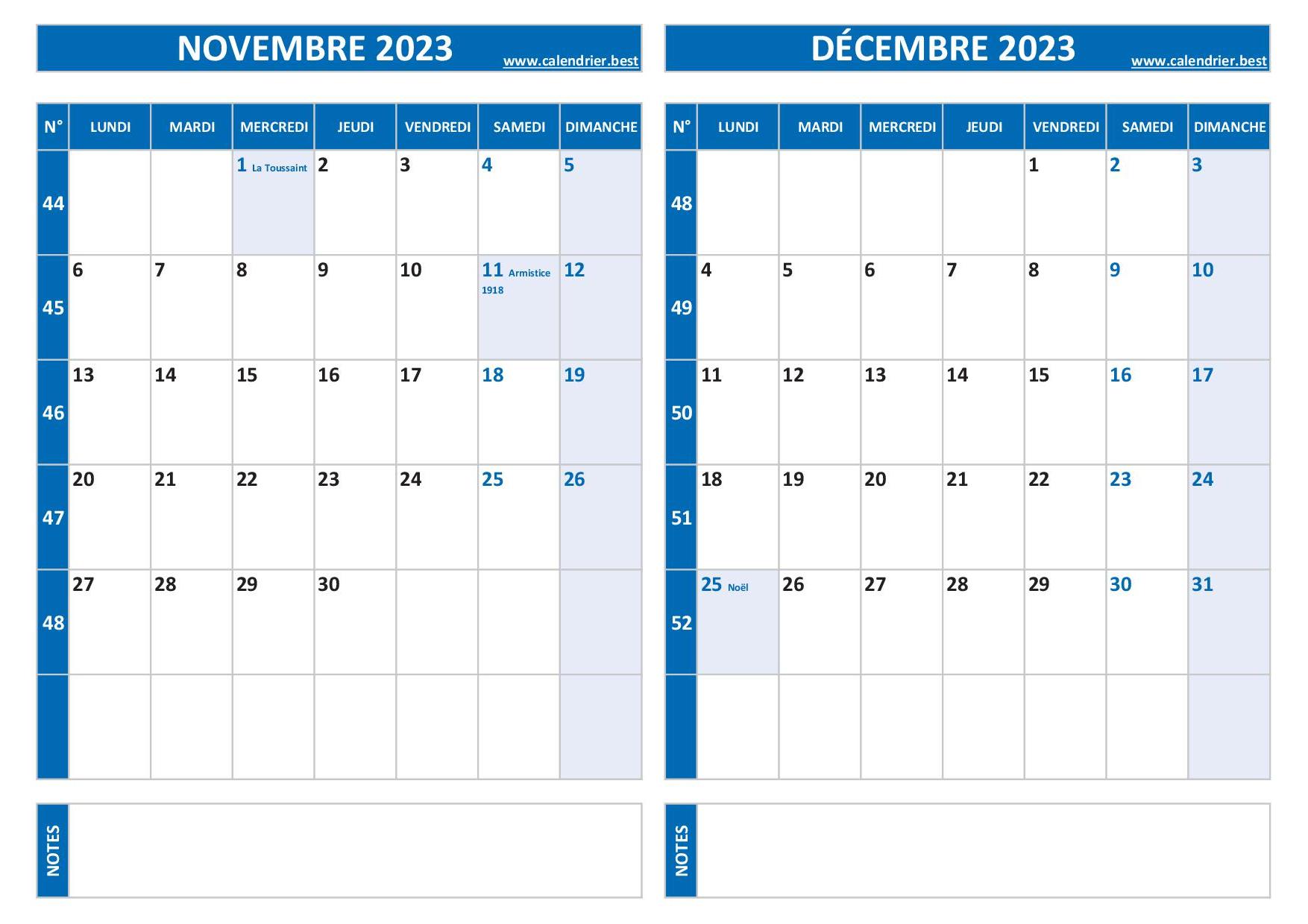 Calendrier Novembre 2023 à consulter ou imprimer 