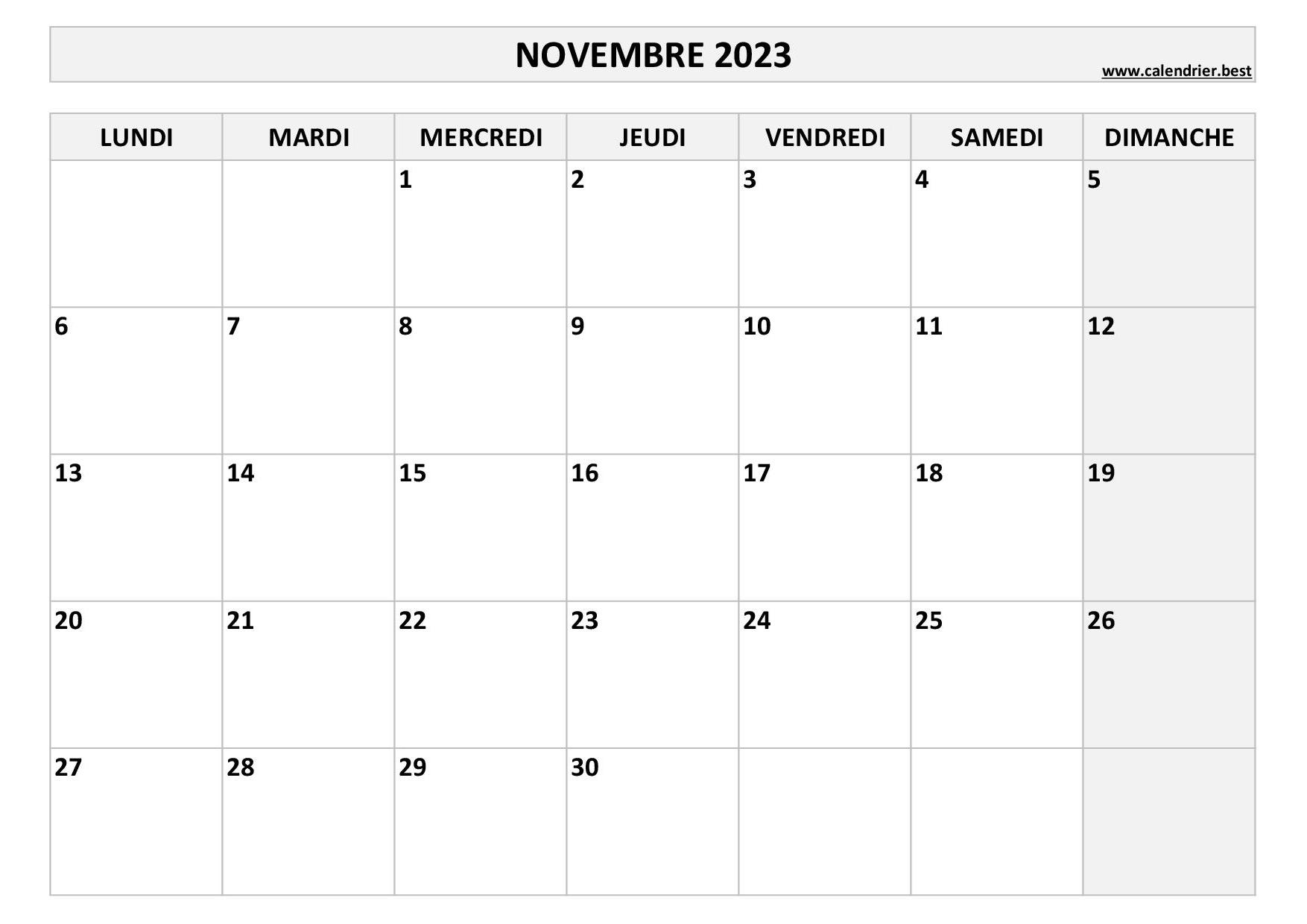 Calendrier Novembre 2023 à consulter ou imprimer 